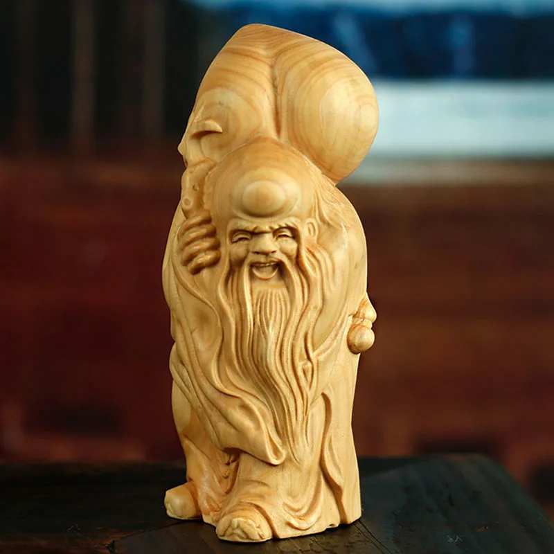 

LS033 - 9.5 * 3.9 * 3.7 CM Carved Boxwood Carving - God of Longevity and Peach