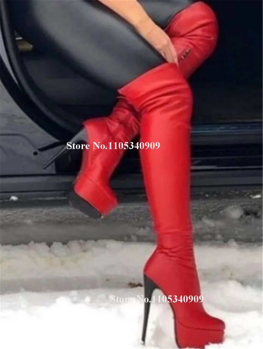 Bondarenko Red Patchwork Black Stiletto Heel Over Knee Boots Round Toe Slim Style Thin Heel Long Boots Dance Shoes