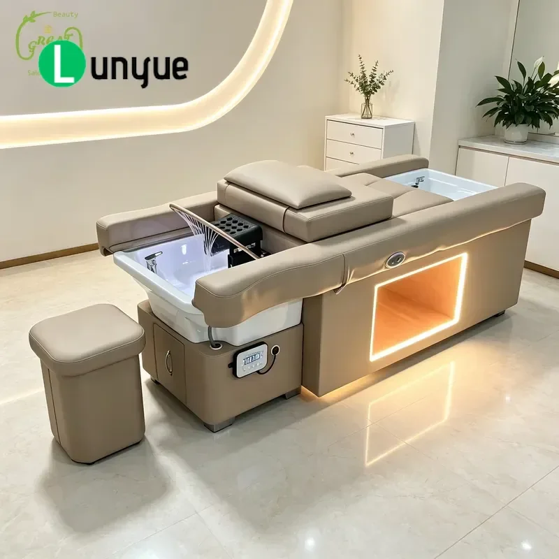 Multifunctional Brown Shampoo Bed with Foot Bath LED Light Water Circulation Electric Head Spa Therapy for Beauty