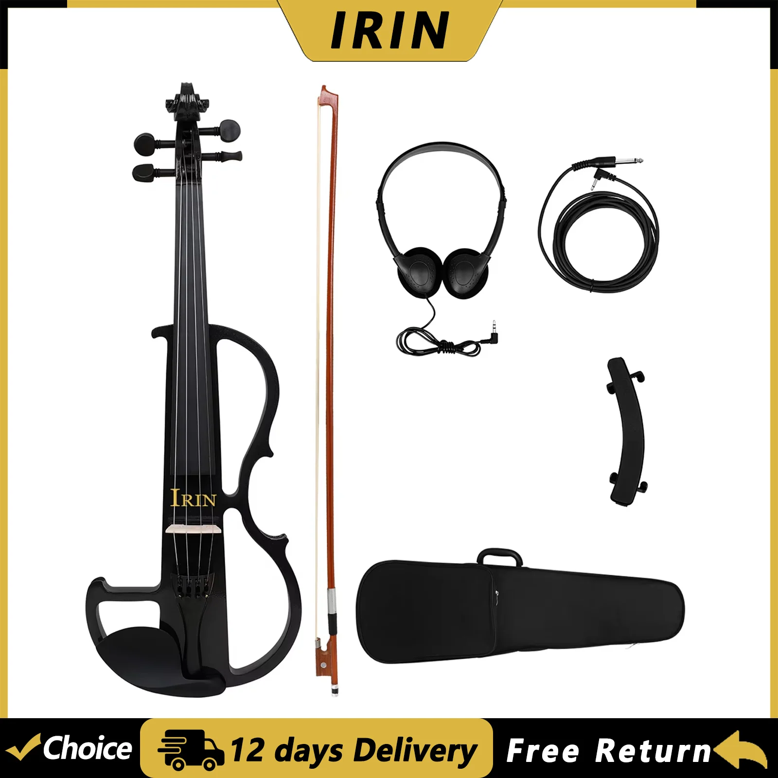 IRIN AE-01 Electric Violin 4/4 Solid Wood Silent Fiddle Stringde Instrument with Bow Case Headphone Violin Parts & Accessories
