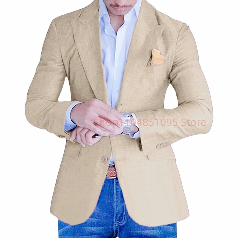 

Beige/Sky Blue Linen Suits Blazer For Men Slim Fit Summer Beach Men Wedding Tuxedos One Jacket Casual Peak Lapel Suit Coat