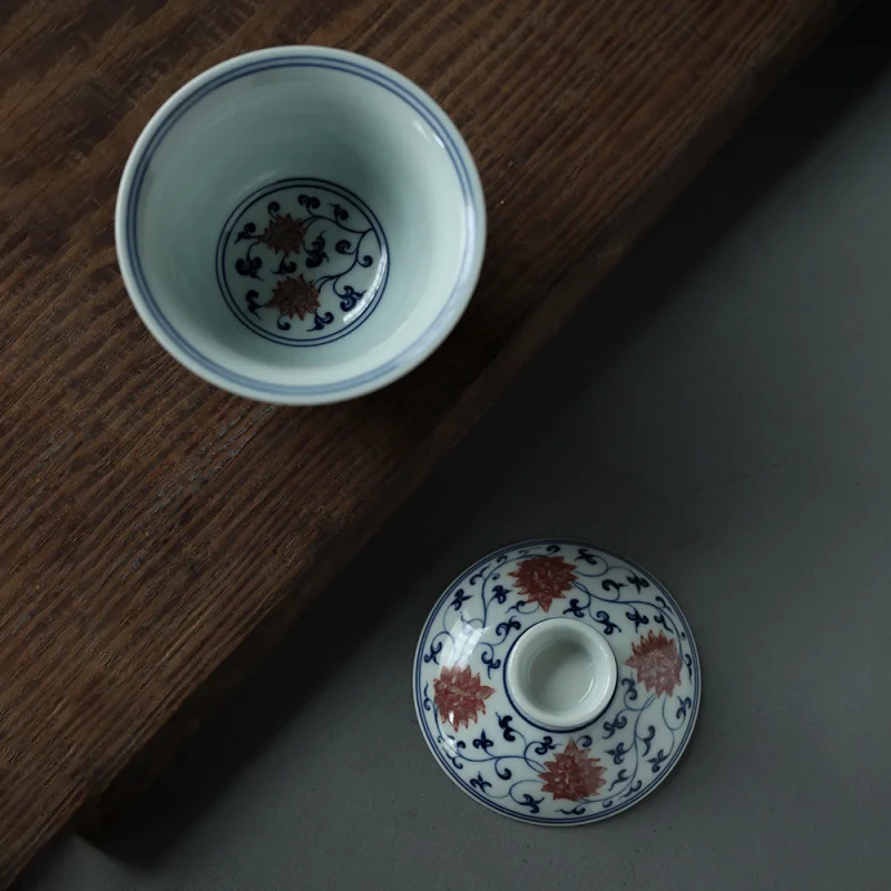 ★Wood Kiln Fired Jingdezhen Hand Painted Blue and White Glazed Red Interlock Branch Lotus Ingot Tureen Two Cai Tea Bowl Oriental