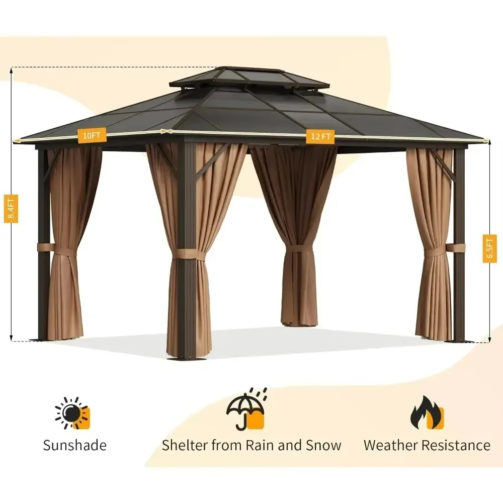 12'x16' Hard Top Pavilion, Outdoor Polycarbonate Double Roof Pavilion with Aluminum Frame Mesh and Curtains Gazebo, Pergolas