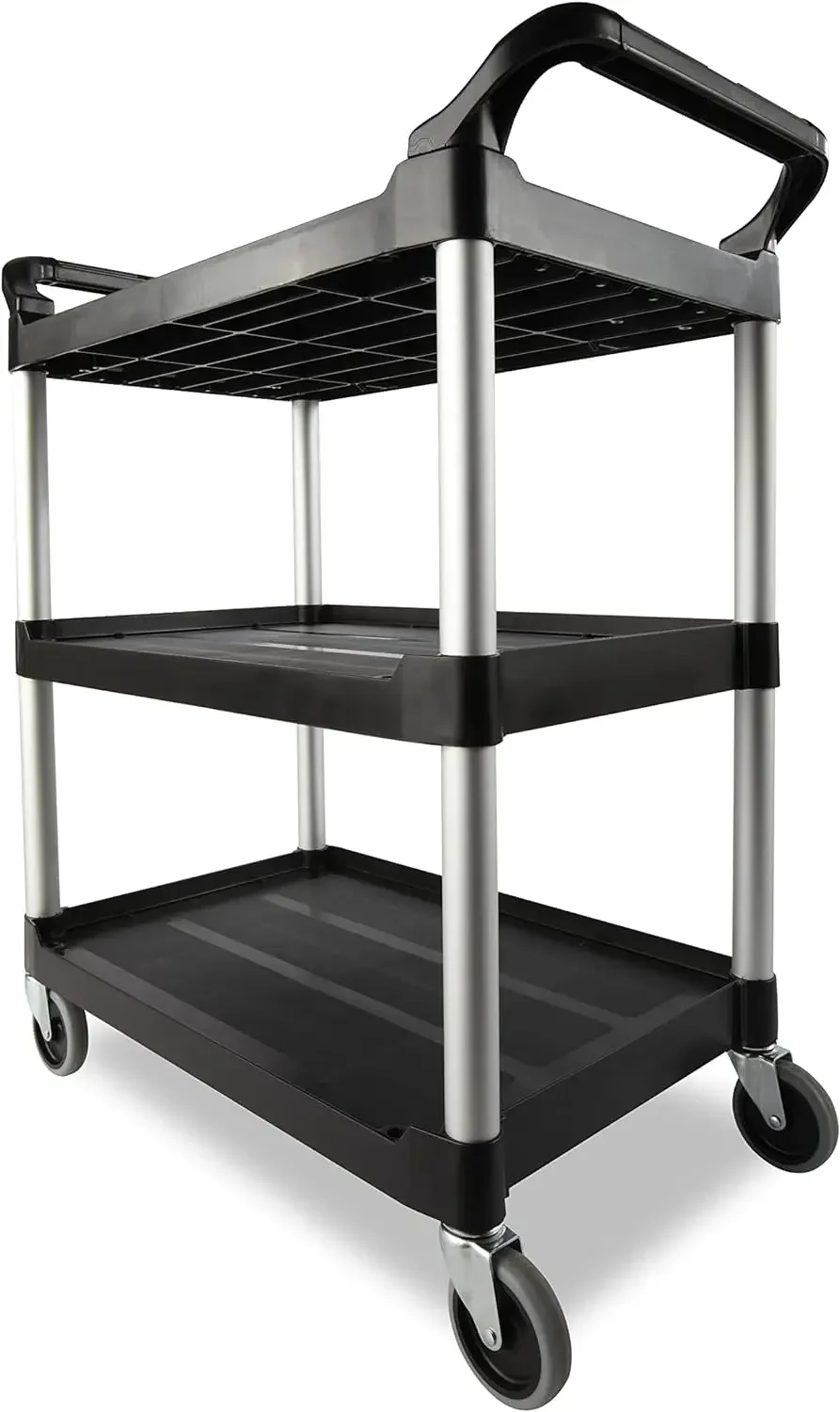 Heavy Duty 3-Shelf Rolling Service/Utility/Push Cart, 200 lbs. Capacity, Black,for Foodservice/Restaurant/Cleaning/Workplace