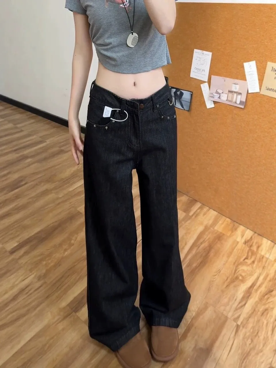 High Waist Wide Leg American Washed Denim Jeans Women's Loose Drapey Straight Leg Pants Fall New Design Sense Rivet Casual Jeans
