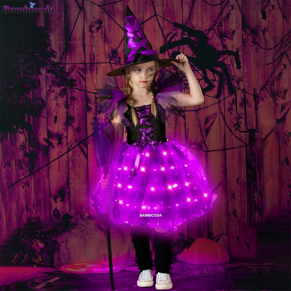 Vestido de bruja para niñas, vestido LED de princesa, disfraz de carnaval, fiesta de cumpleaños y Halloween