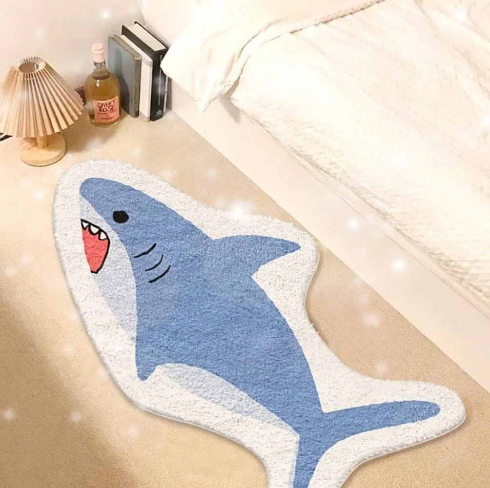 

Shark Bathroom Mat Soft Non-Slip Washable Asymmetrical Shape Blue & White Cartoon Design Suitable For Bathroom Or Bedroom Decor