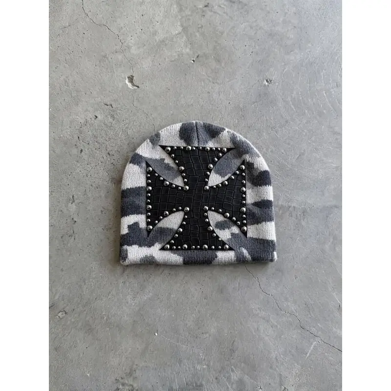 Punk Rivet Cross Patchwork Beanie Camo Solid Color Gothic Streetwear Casual Headwear