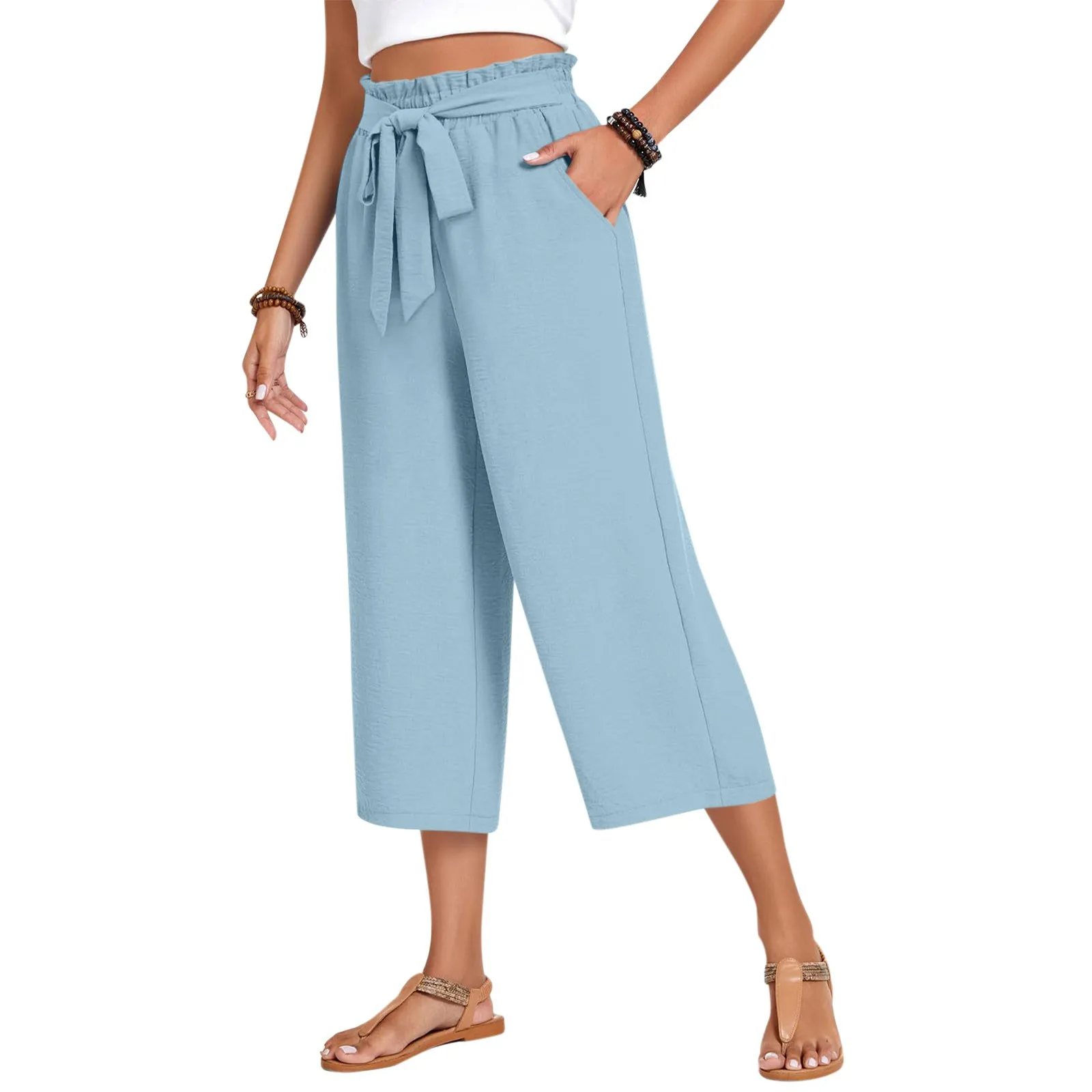 

Women High waist wide leg pants Fashion Solid Color Drawstring Pocket Casual Cropped Straight Pants Casual trousers pantalones