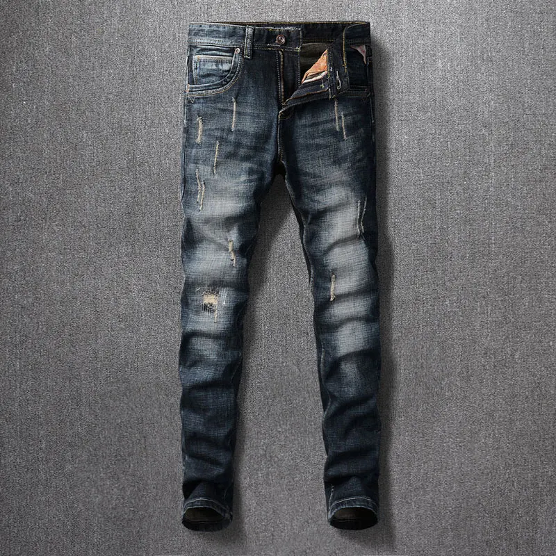 Fashion Designer Men Jeans Retro Black Blue Stretch Slim Fit Ripped Jeans Men High Quality Italian Vintage Denim Pants Hombre