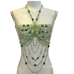 Acrylic Beaded Hanging Neck Peplum Hollow Body Chain Sexy Ombre Beaded Bra Mermaid Performance Bikini Prom Top