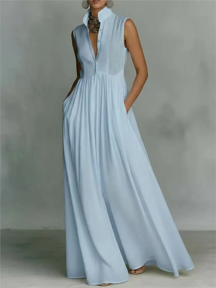 

New Elegant High Waist Swing Long Dress Woman Spring Solid Pockets Pleated Maxi Dress Summer Sleeveless Button Evening Dress