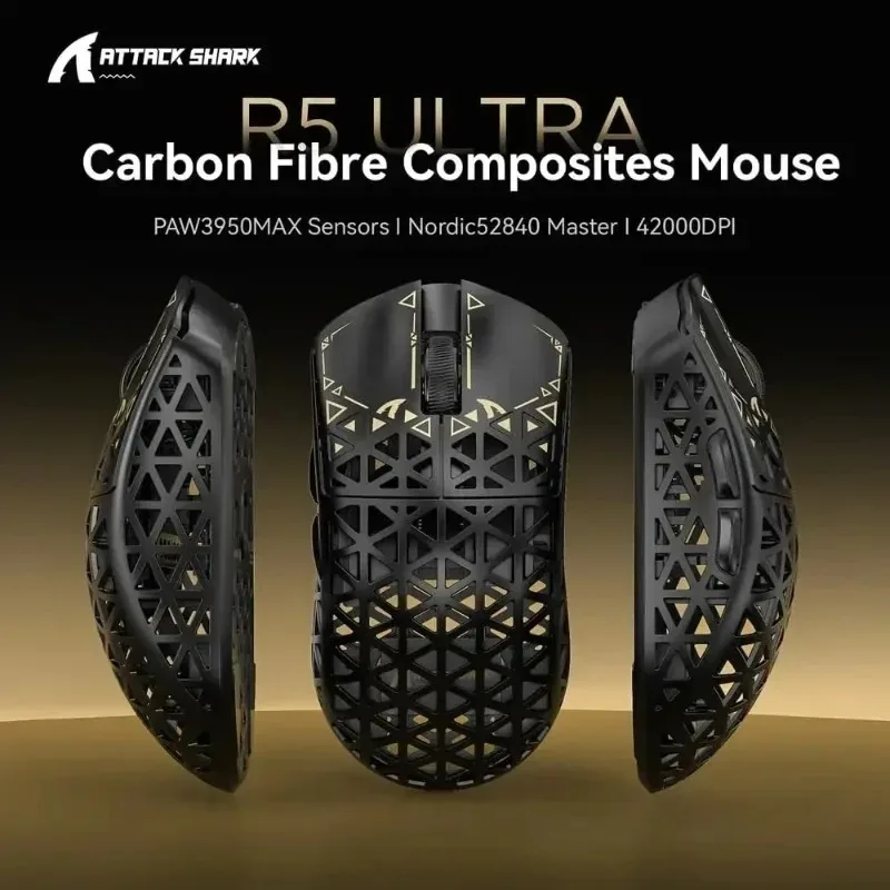 Attack Shark R5 Ultra 8K Mouse sem fio Tri-mode Leve PAW3950 Fibra de carbono 42000DPI Design oco Esports Game Mouse