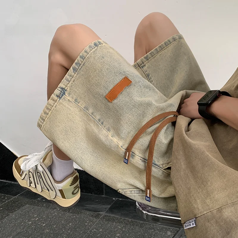 

Мужские свободные джинсы прямого кроя, летние, укороченные, повседневные, с высокой талией, винтажные, в американском уличном стиле, модный бренд