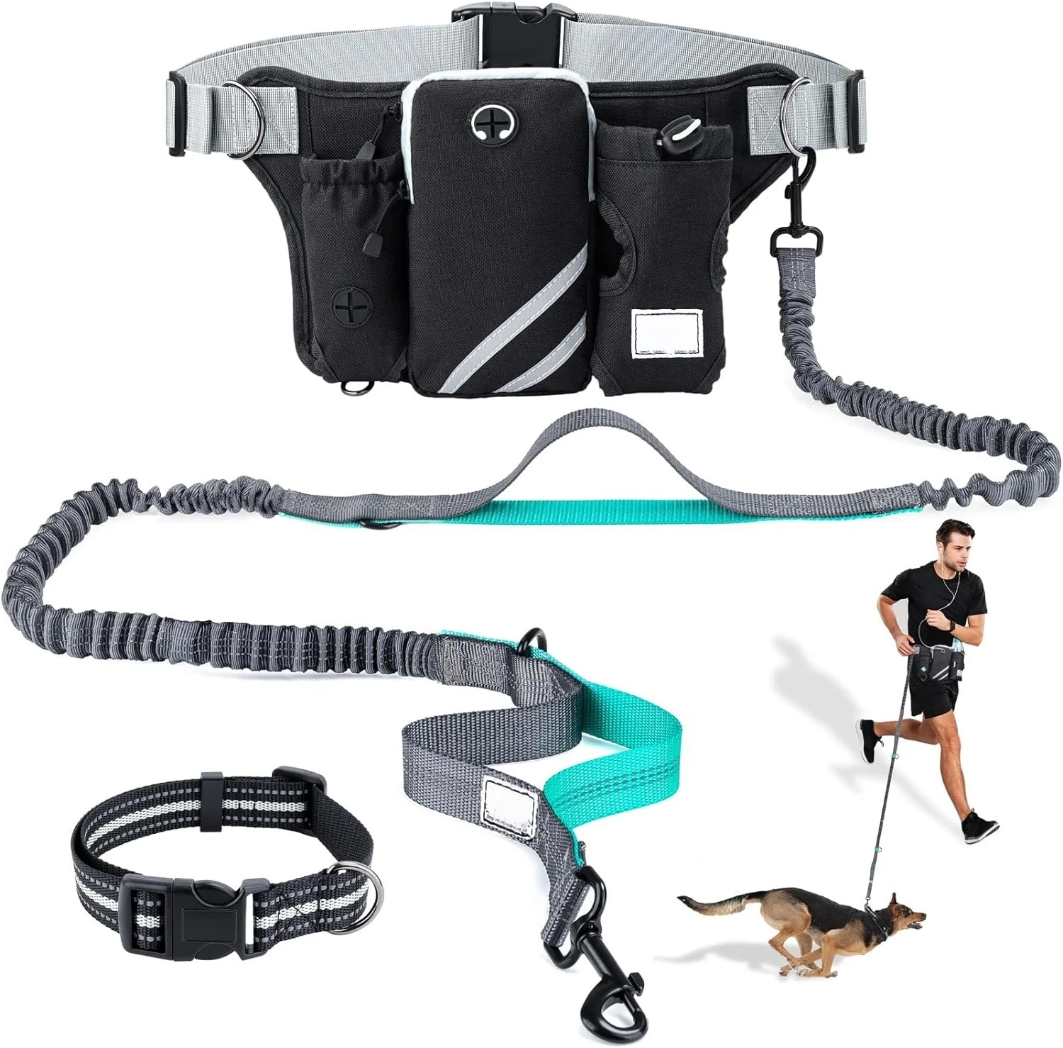 Adjustable Waist Belt Bag Training Pouch with Retractable Hands Free Dog Reflective Stitching Leash for Running Walking Hiking