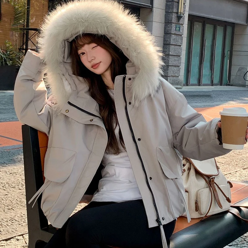 Faux Fur Collar Hooded Parkas Women Winter Thick Warm Casual Loose Cargo Coats Solid All Match Large Pockets Long Sleeve Outwear