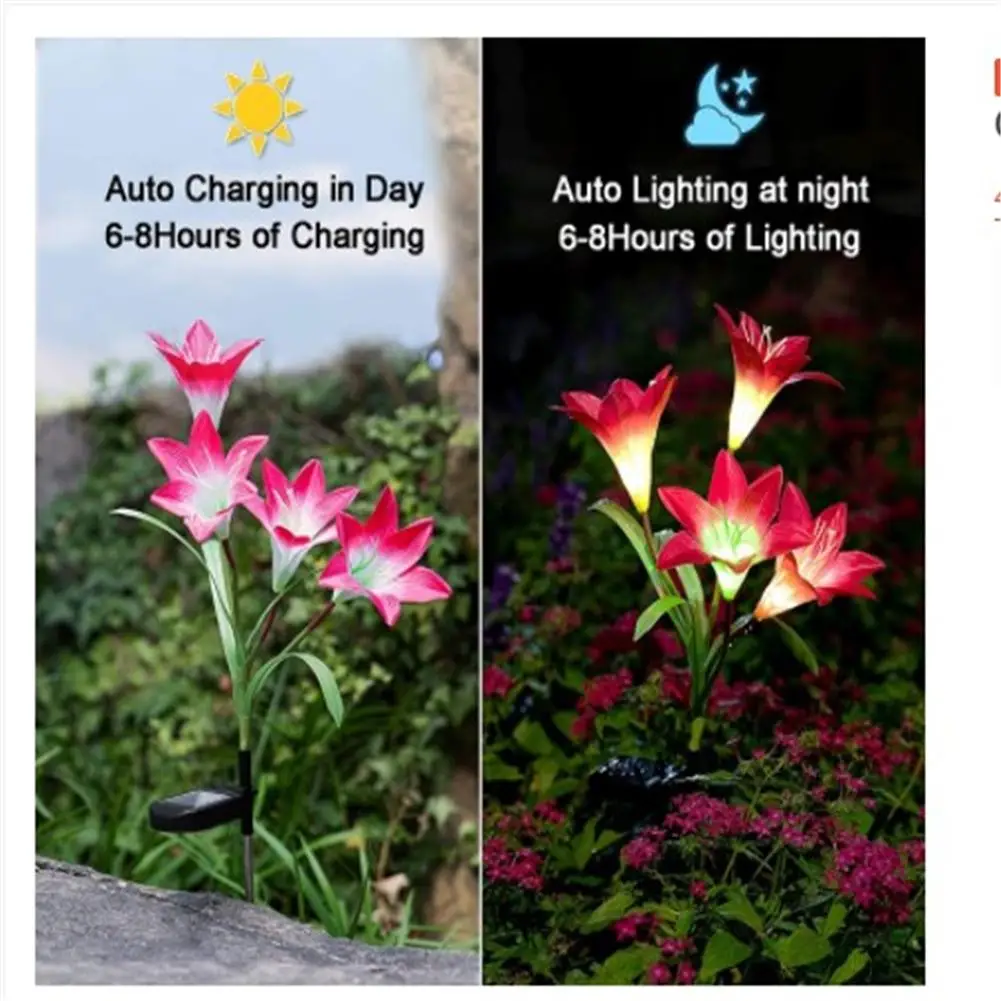 Outdoor Solar Lights With 4 Lily Flowers Ip65 Waterproof 7-Color Changing Led Lamps For Garden Pathway Patio Landscape Decor