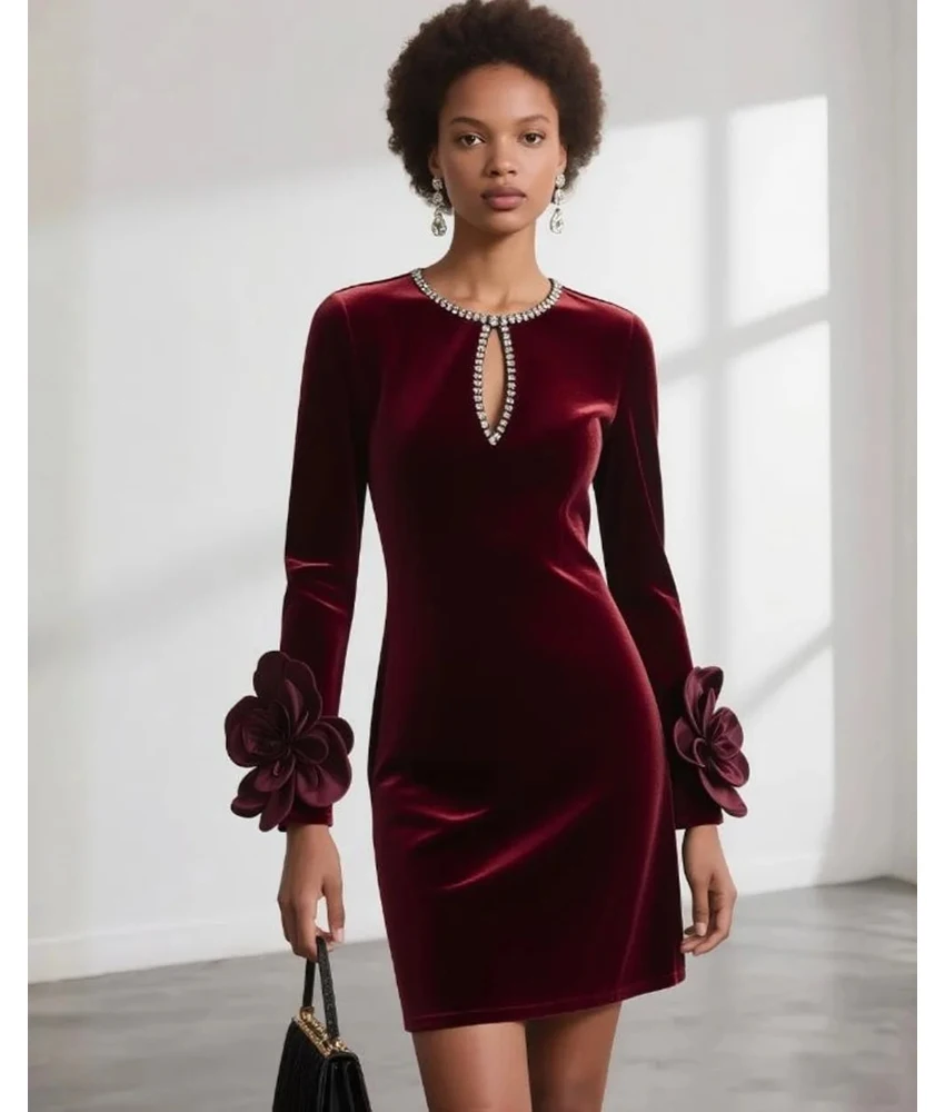 

Изысканное вечернее платье MCDV из бархата с 3D-цветами и кристаллами, прямого кроя, с нежным круглым вырезом и длинными рукавами, пошитое на заказ для особых случаев