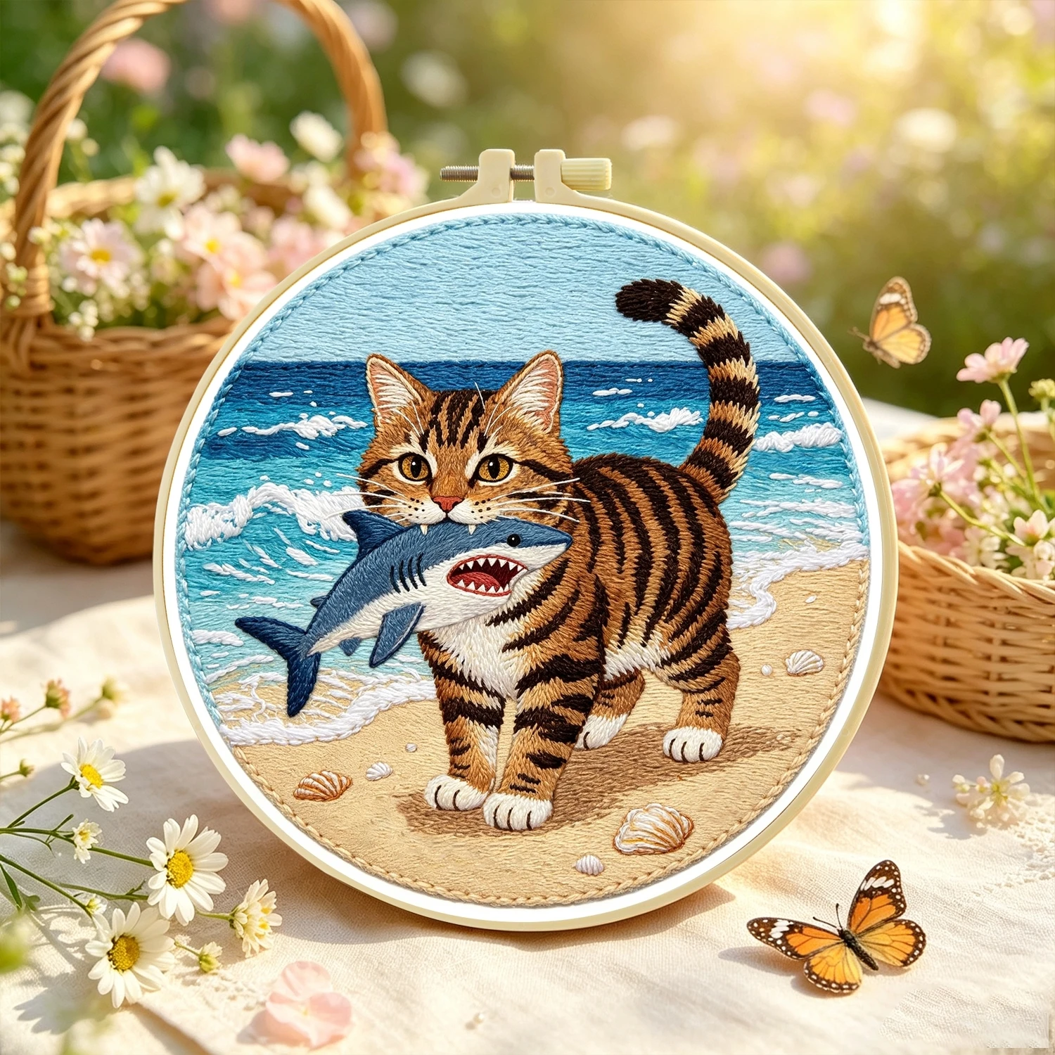 1 Set Strandkatze Hai DIY Stickerei-Set für Anfänger, Stickerei-Starter-Kit, Kreuzstich-Kunstgeschenk, Handarbeits-Bastelset – Detail 5