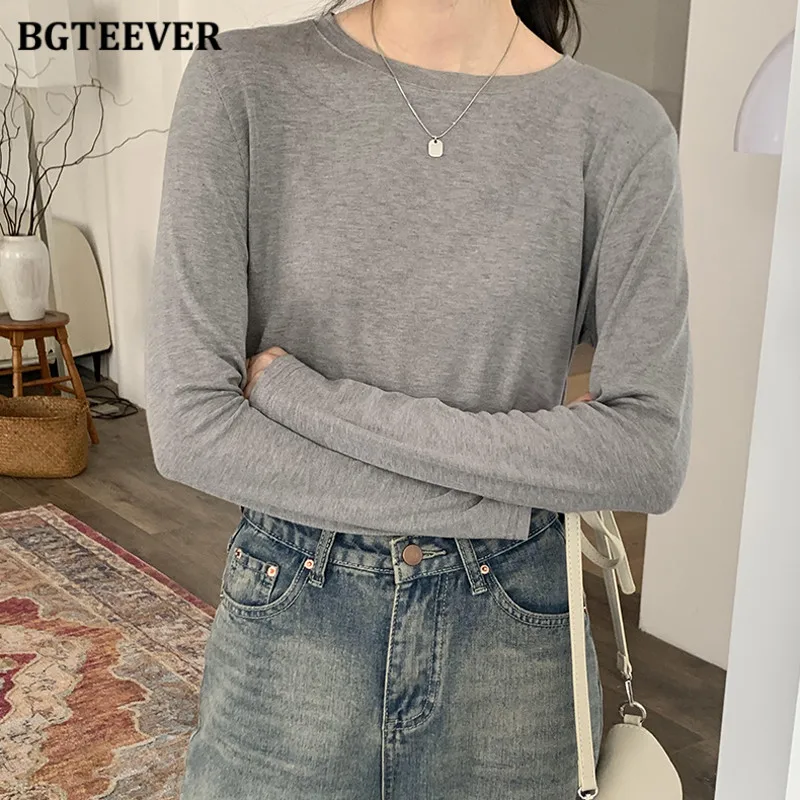 BGTEEVER Spring Autumn Cotton Loose T-Shirt Women Causal Knitted Long Sleeve Tee Shirts Female Loose Black White Tops