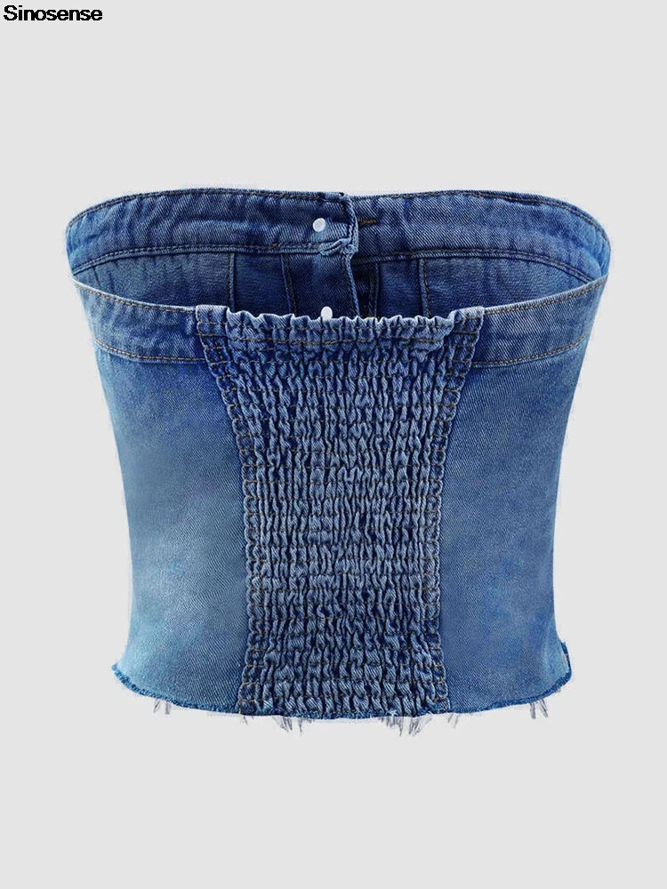 Womens Summer Denim Crop Top Button Front Raw Hem Strapless Bandeau Jean Tops Y2K Going Out Night Club Party Denim Tube Top