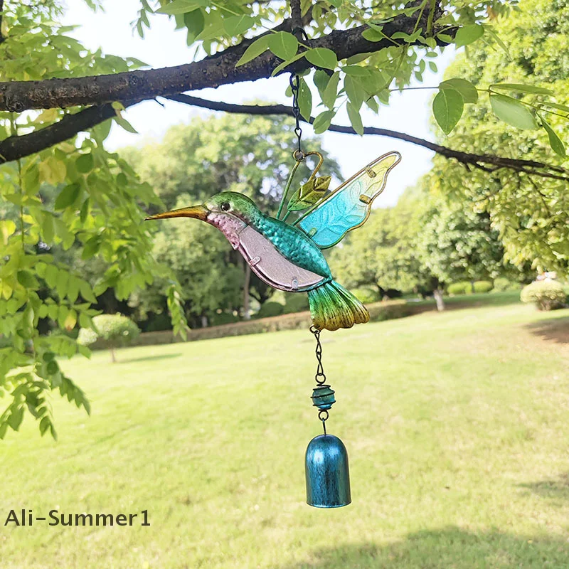 【E】Metal Hummingbird Wind Chimes Home Creative Glass Painted Bells Hanging Decorations Window Door Decorations Garden Patio