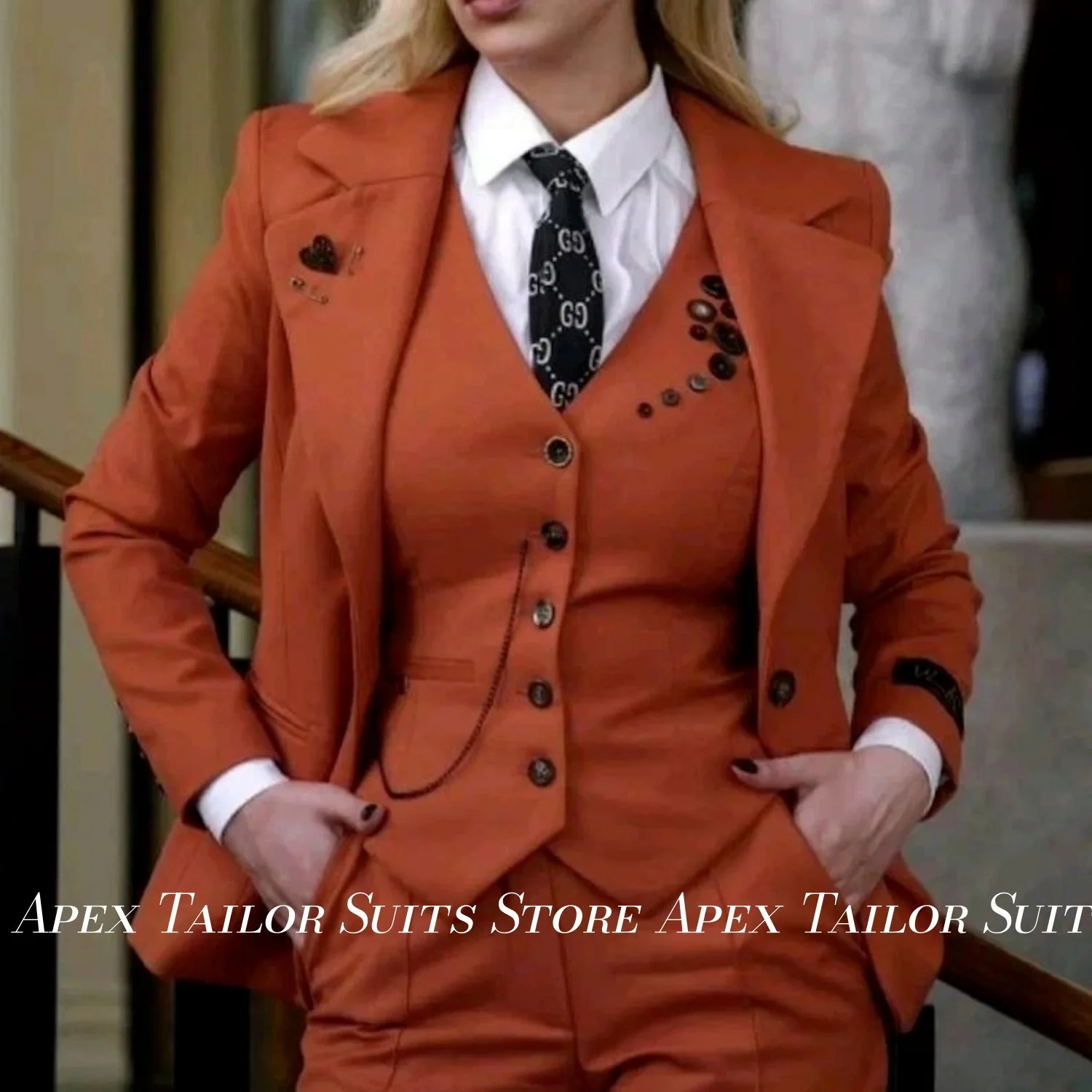 Elegant Ladies 3 Piece Suit Blazer Vest Pants Set Orange Notch Lapel Business Formal Work Wear Party Costume Custom Made
