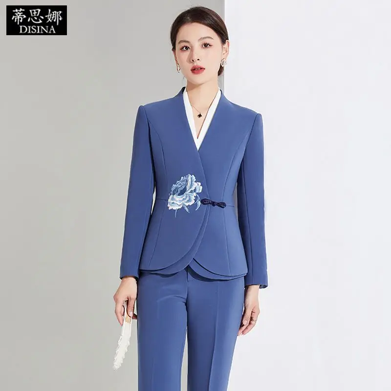 4-A18  Chinese style embroidered professional suits for women autumn and winter non temperament design niche teahouse technicia