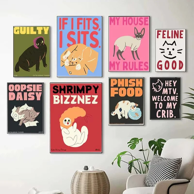 Retro Fun Minimalist Cat Decorative Art Playful Abstract Line Cat Canvas Print Home Cat Cafe Decor Perfect Gift