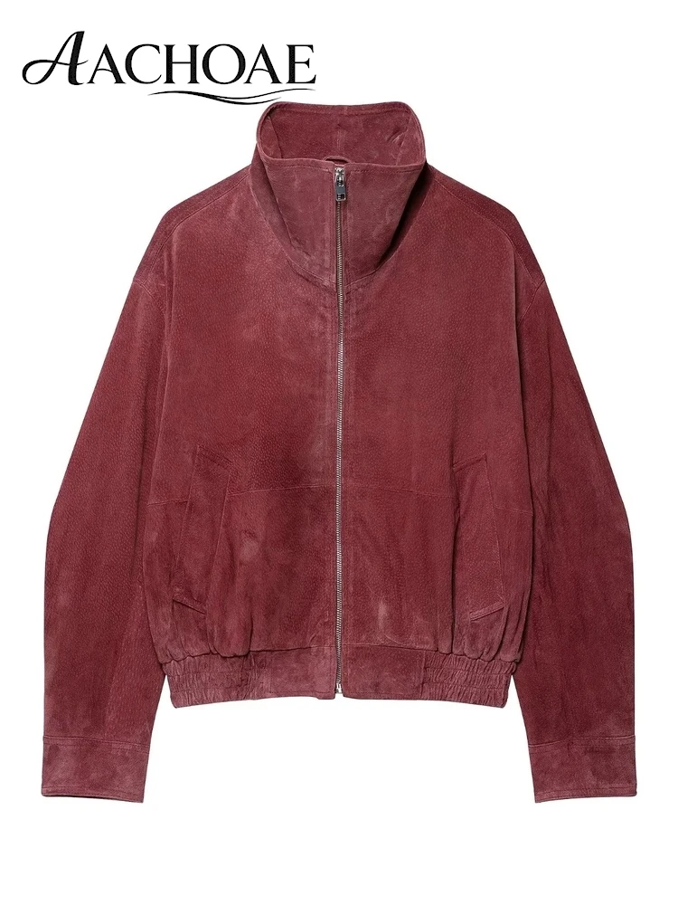 AACHOAE Women Faux Suede Bomber Jacket Stand Collar Zip Up Loose Vintage Short Coat Casual Streetwear Autumn Winter Outerwear