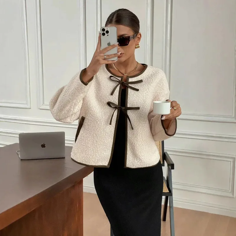 Casual Loose round Ne  Knot Belt Faionable Transoceanic Women's Outerwear ort Sle Other 00% Material