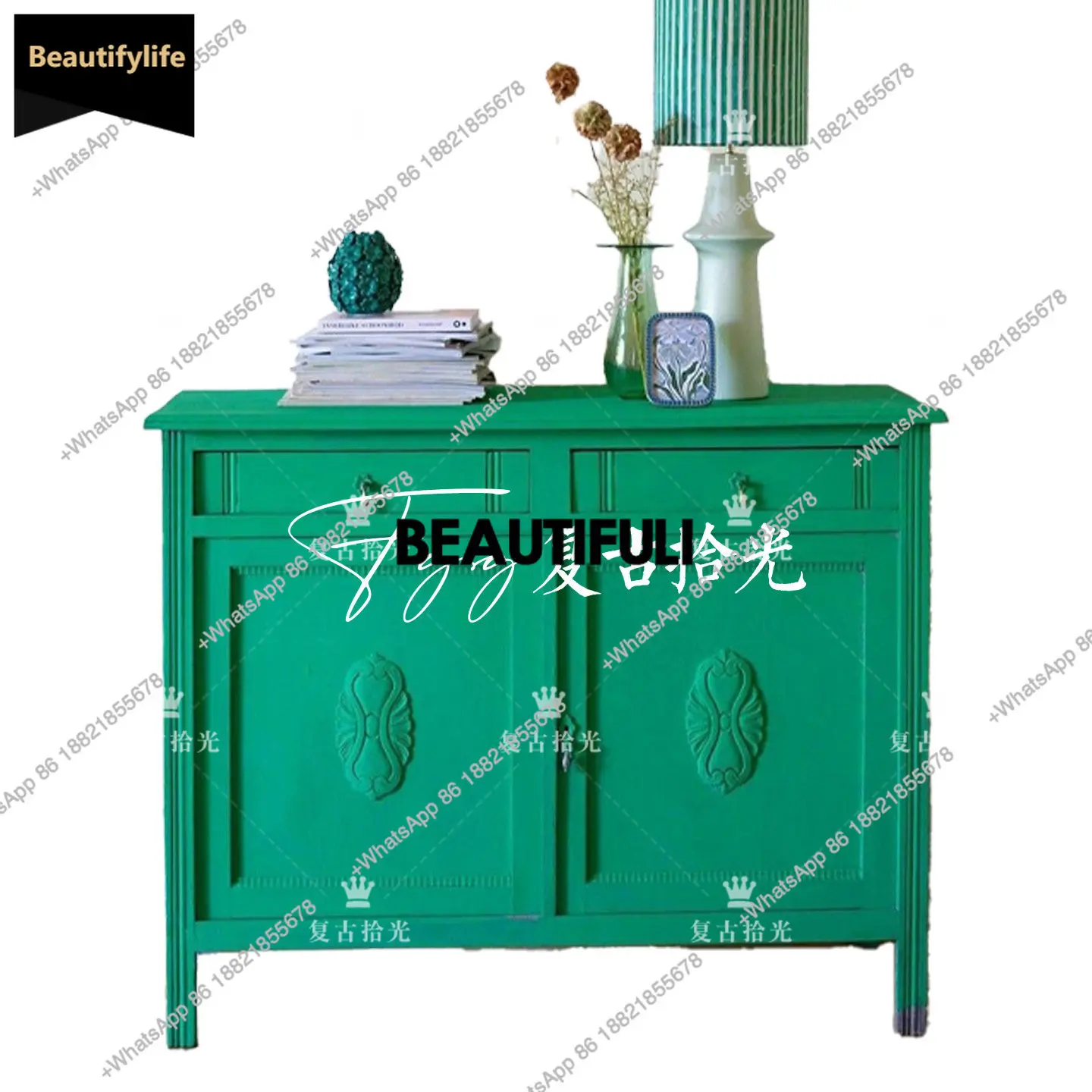 

D80 Французский ретро-зеленый входной шкаф с двойной дверью и гравировкой, шкаф для хранения, шкаф для домашнего декора