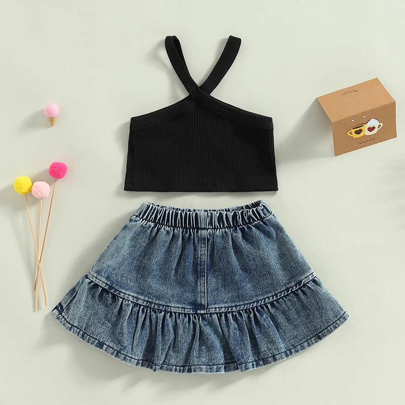 Toddler Girl s Summer Outfit Stylish Ribbed Camisole Top with Elastic Denim Skirt Set for Casual Playdates and Parties