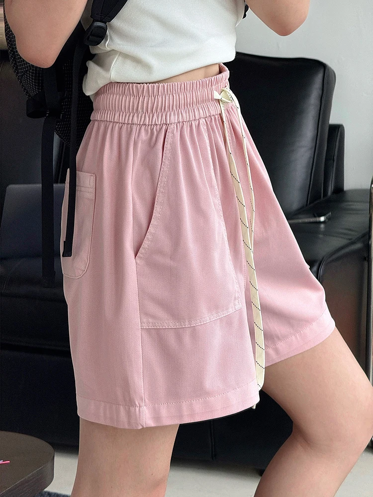 FANAN-pantalones cortos minimalistas con diseño de cordón para mujer, ropa elástica de cintura alta con bolsillos grandes, moda femenina, novedad de verano 2025