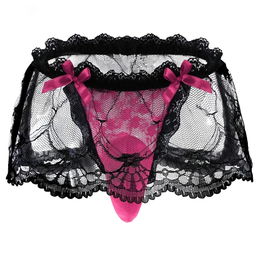 

Men's Erotic Underwear Sissy Lingerie See-though Frilly Lace Skirted Thong Pouch Panties Girly Crossdress T-Back Brief Nightwear