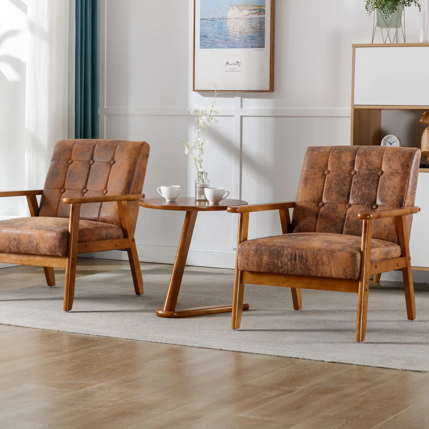 

For Chairs Set of 2 with Side Table, Mid Century Modern Accent Chair, Wood and Fabric Armchairs Side Chair, Lounge Readin