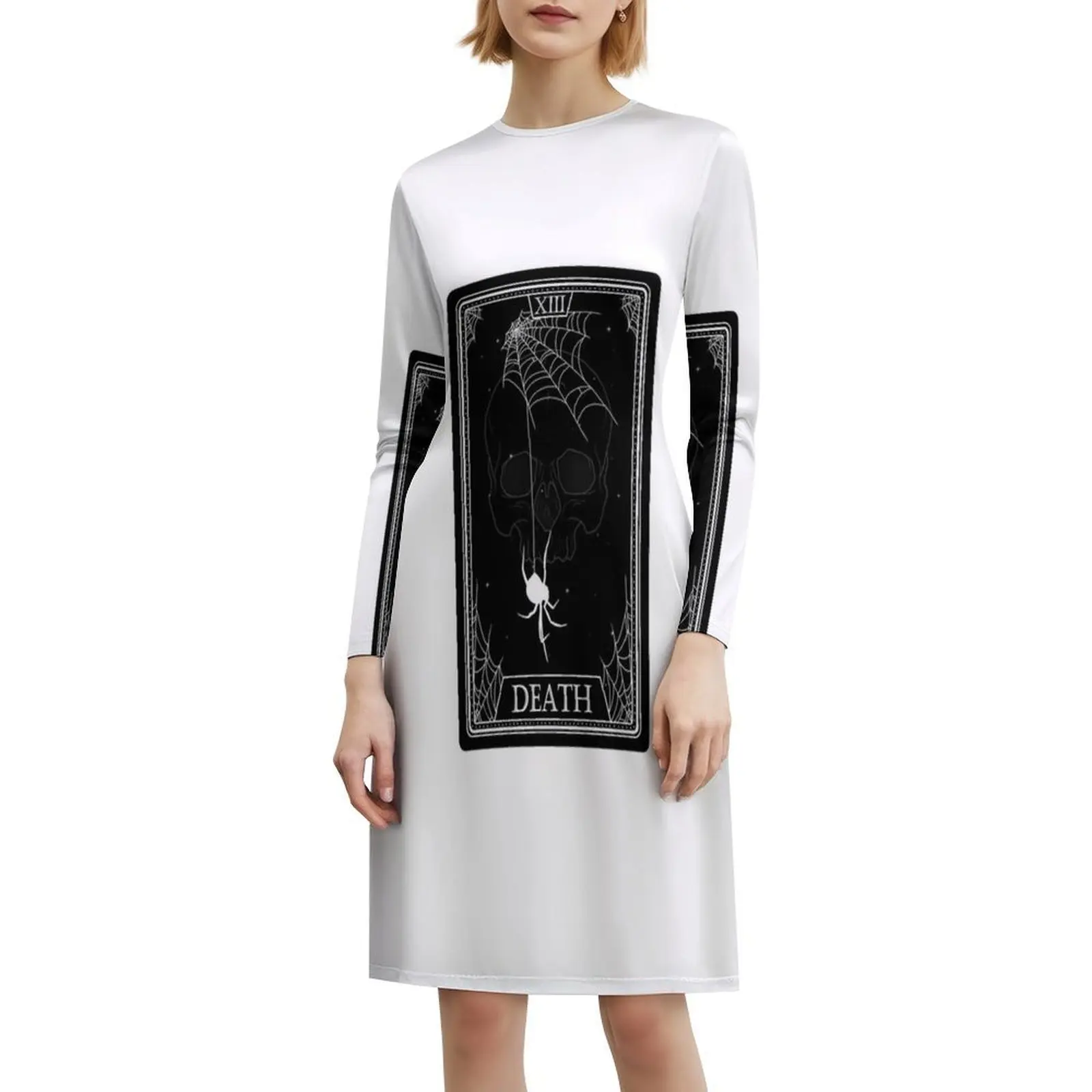 Gaun Tarot Card Death Boho Chic, Gaun Pesta Pernikahan Pantai yang Elegan, Gaun Pesta Tarot Card Death dengan Motif Jaring Laba-laba dan Tengkorak