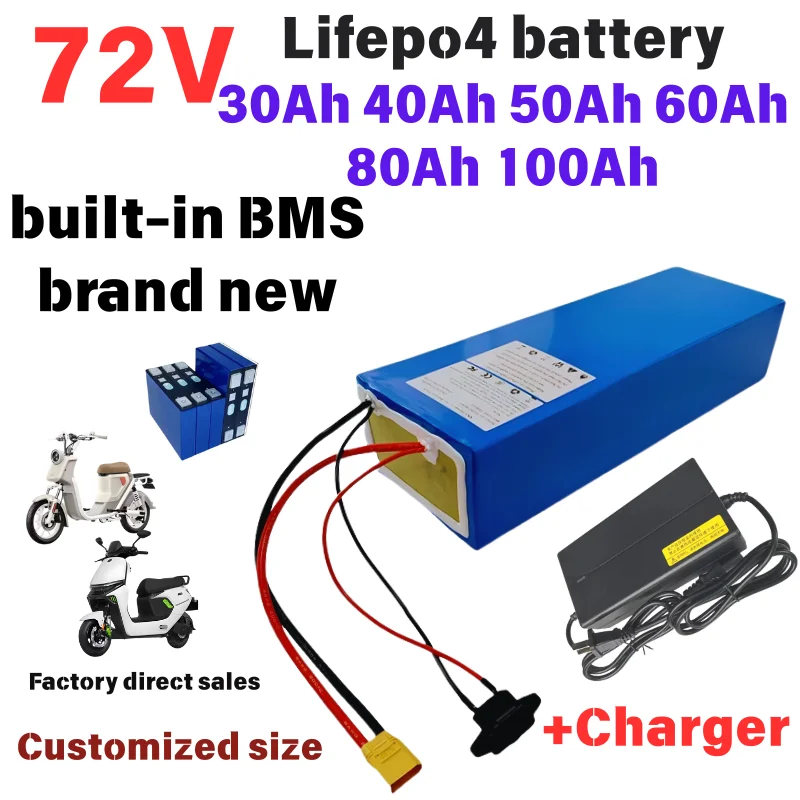 

Batterie au lithium LiFePO4 avec charger, 72V, 50Ah, 60Ah, 40Ah, 100Ah, 80Ah, BMS pour scooter, vélo électrique, moto, 3000W