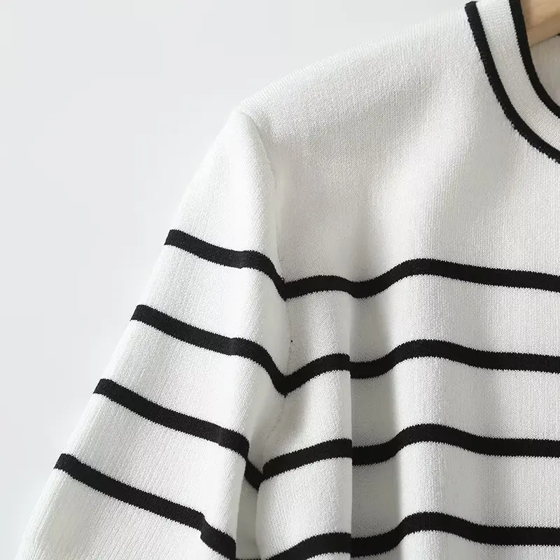 Maxdutti French Fashion Office Ladies Single Breasted Sweaters Women Simple Round Neck Striped Top Knit Cardigan Casual