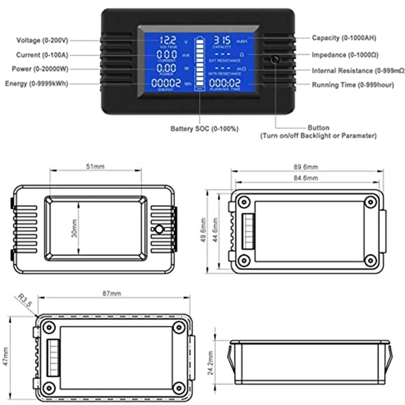 DC Battery Monitor Power Meter Ammeter Digital DC 0-200V Shunt 100A Multimeter, Meter Voltmeter Capacity Tester