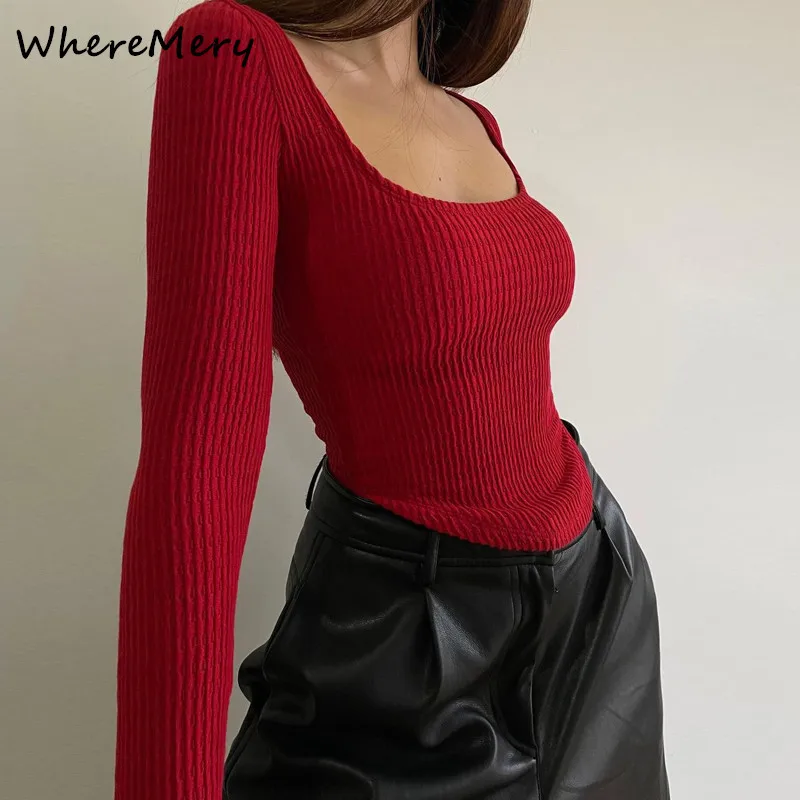 WhereMery Square Neck Long Sleeve Ribbed Knit T Shirt 2022 Women Autumn Winter Casual Crop Top Streetwear Y2K Basic Tops Tees