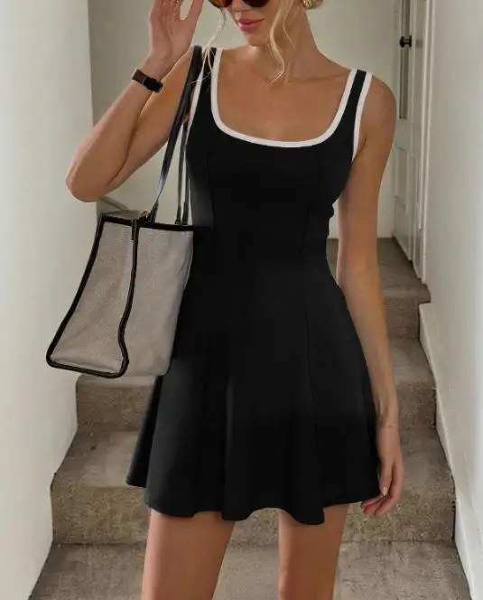 

2026 Summer New Sports Style Sexy U-Neck Sleeveless Contrasting Color Edging Slim Fit A-Line Short Tennis Skirt Dress for Women