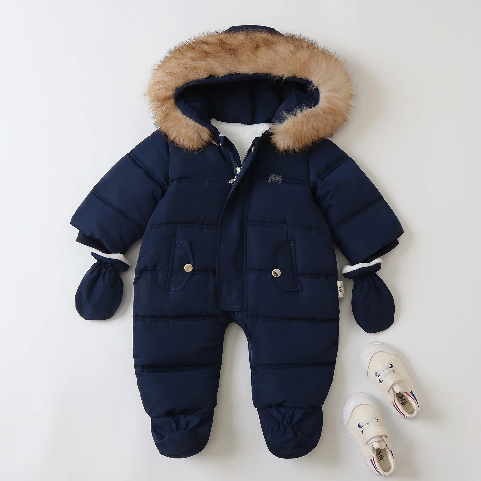 Winter New Baby Rompers Hooded Plush Children\'s Solid Color Jumpsuit Lining Jumpsuits Warm Infant Outerwear Kids Fleece Romper