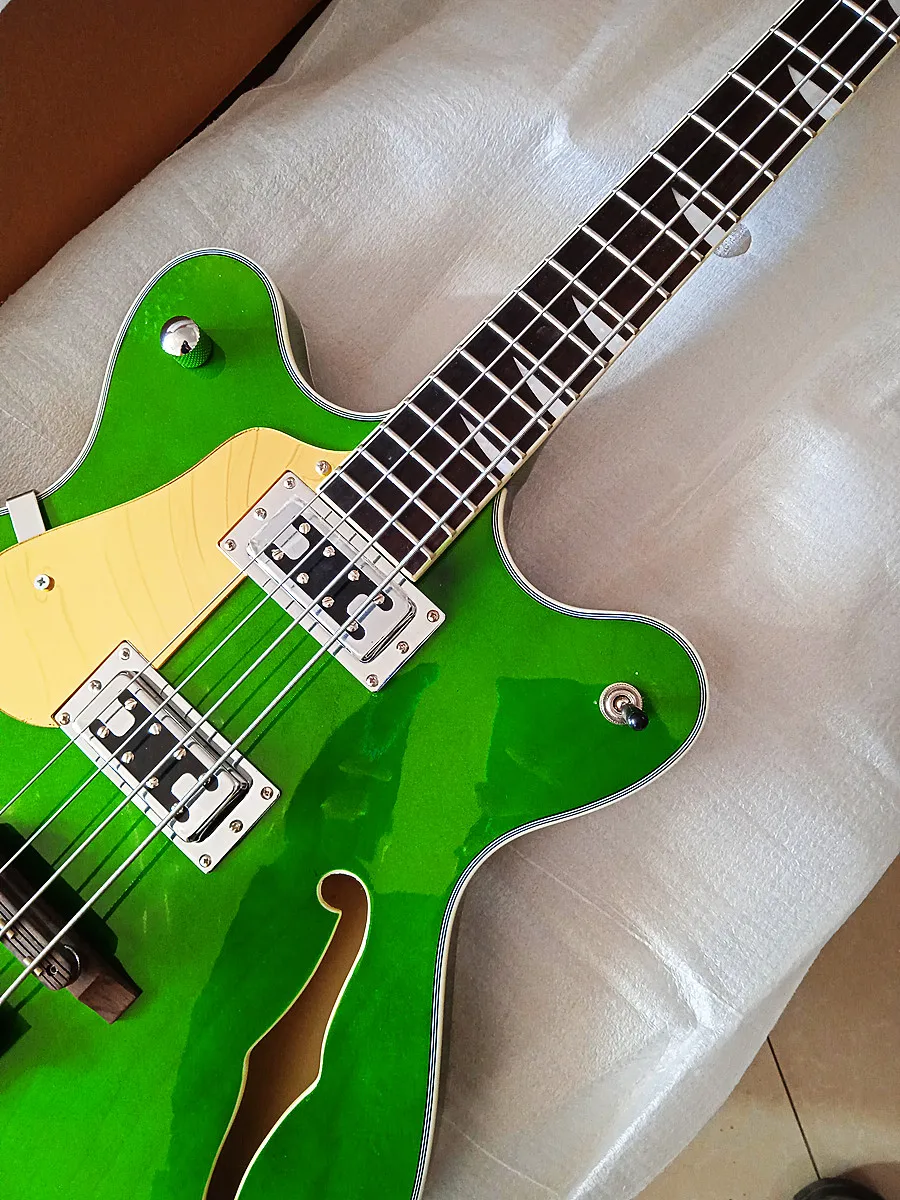 Left-Handed Bass clear Green Gloss vintage Electric Guitar Golden protective plate