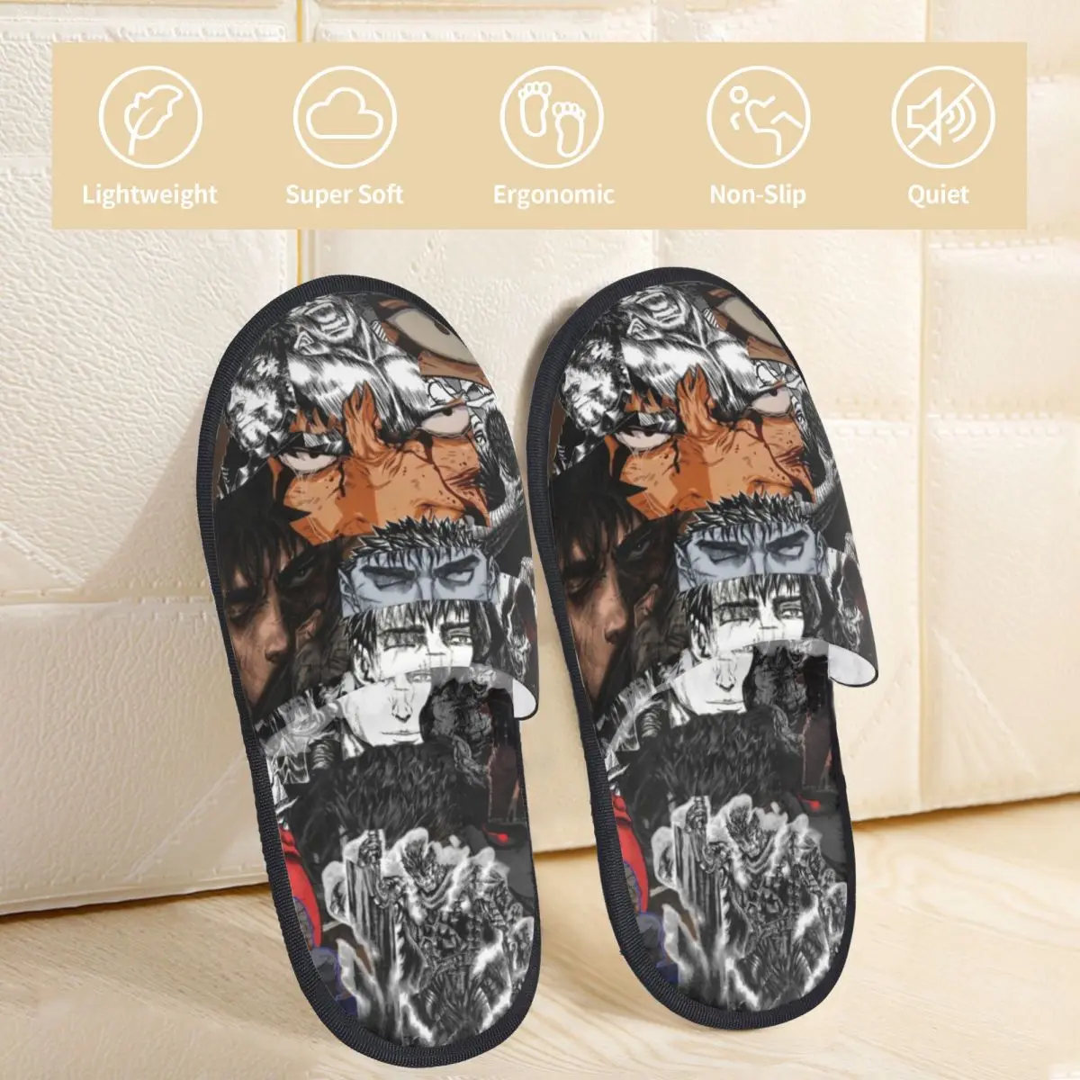 Winter Home Cotton Slippers Japan Anime Berserk Guts Merch Household Fur Slides Slippers Living Room Cozy Non-skid Slides