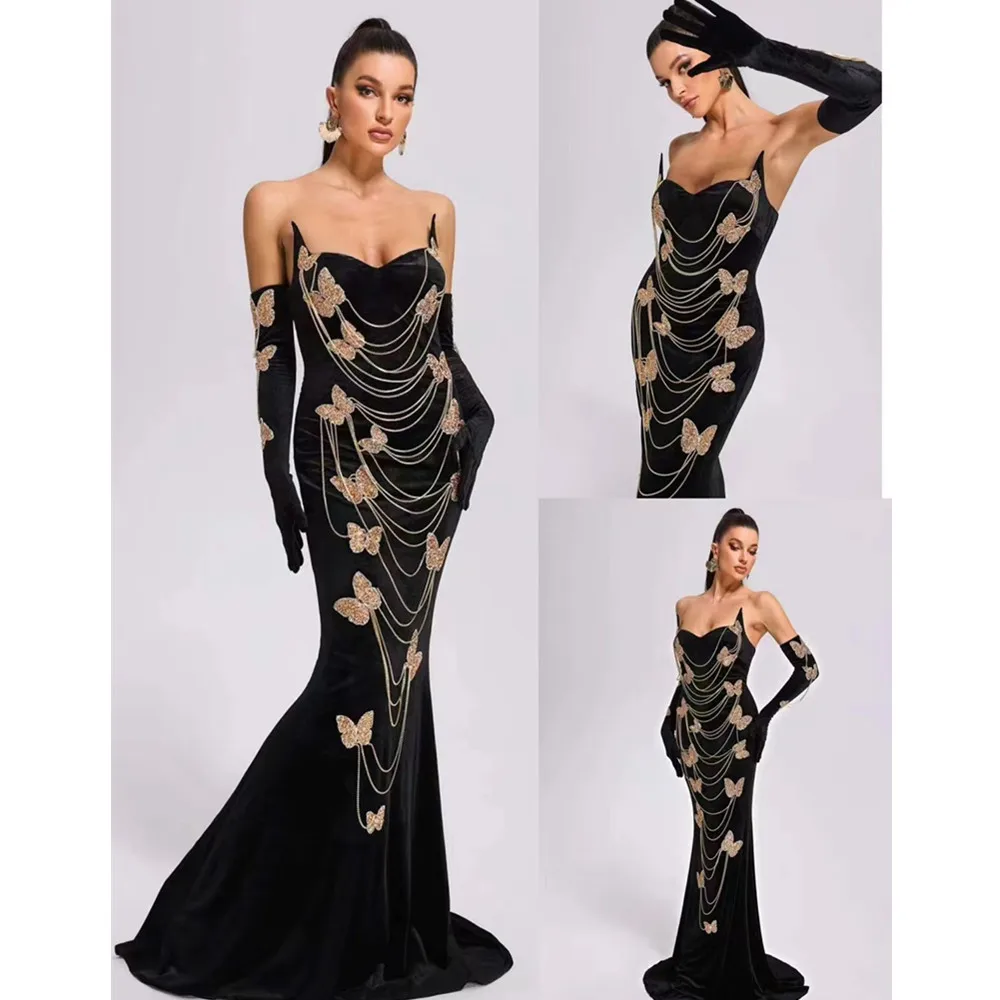 

Ele Bla Strapl Drill Chain Long Dr Evening Gown Wedding Dr Slim Fit Princ Sle Knitted Fabric