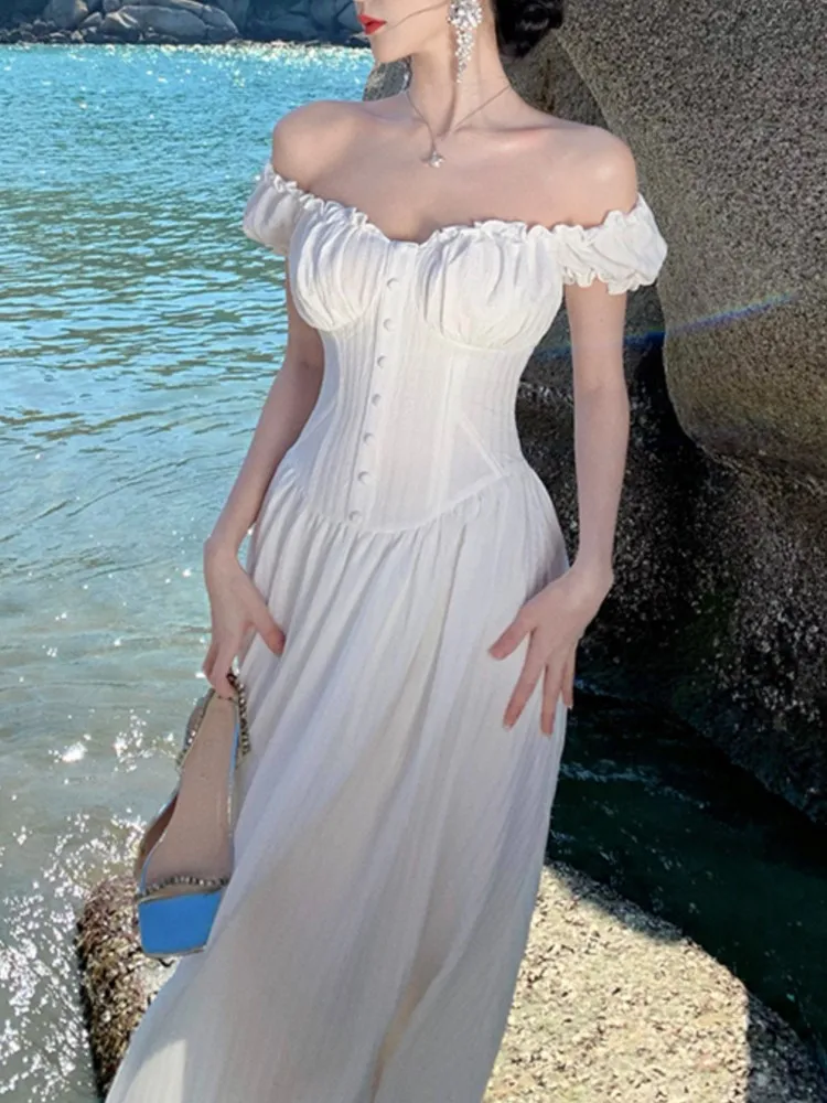 

Women's Korean Elegant Dress 2025 Summer Slash Neck White Sexy Shoulder Pleated Slimming Long Vestidos Fashion Prom Beach Robe