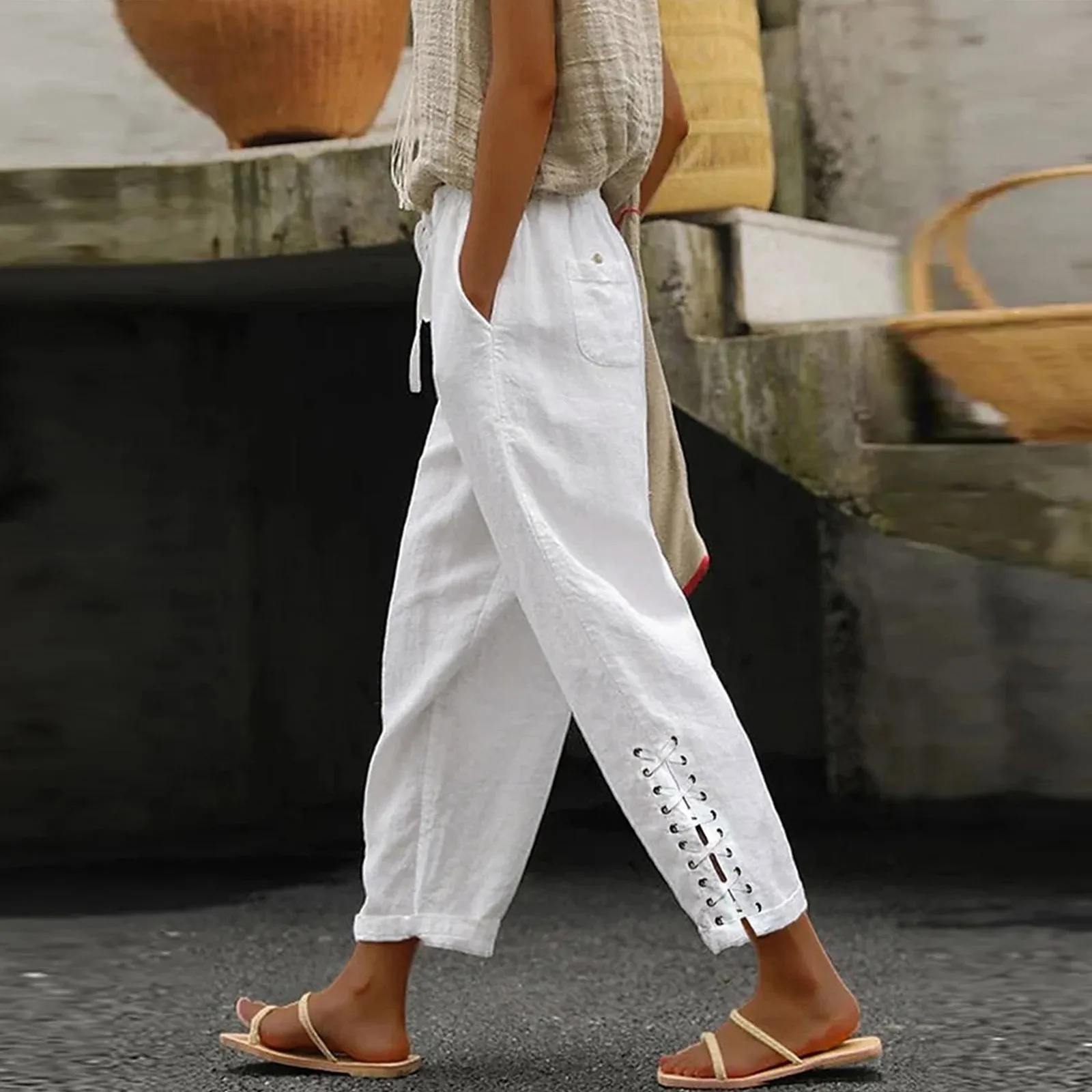 

Summer Oversized Wide Leg Pants Womens High Waist Drawstrings Pants With Pockets Elastic Waist Cropped Pants Workout Trousers