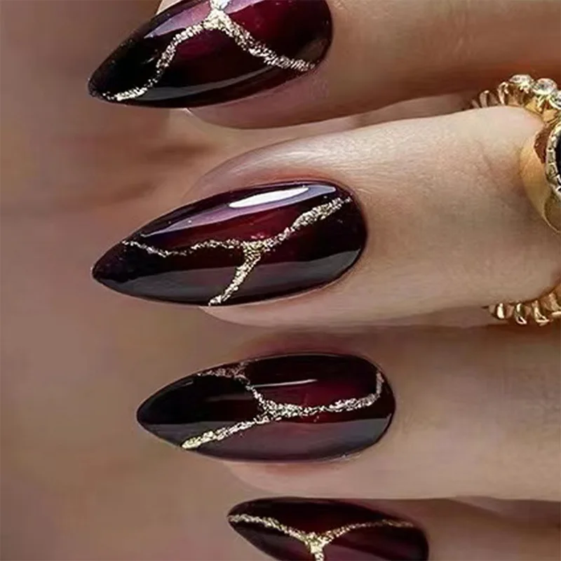 

24PCS Y2K Dark Red Fake Nails Almond with Gold Powder Stone Pattern Press on Nails for Autumn Winter Vintage Elegant False Nails
