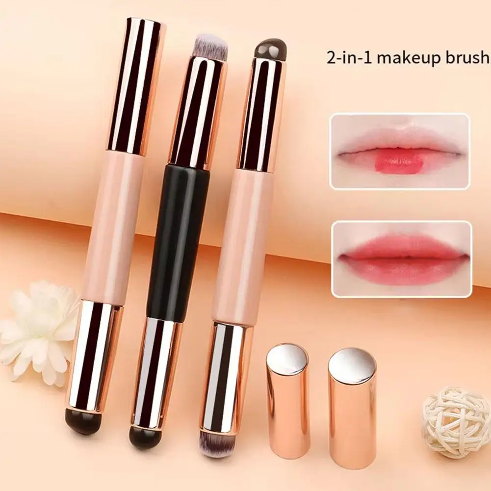 2 In 1 แปรงซิลิโคนลิปสติกแบบพกพาลิปสติกแปรงแต่งหน้าขนสัตว์รอบแปรง Applicator Foundation Dustpro G2e2